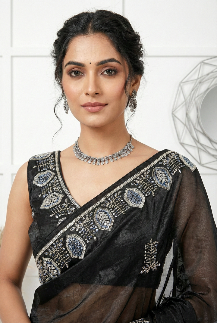 Neerus Black organza thread embroidered saree - back view