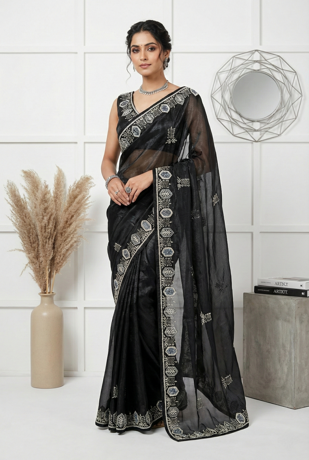 Neerus Black organza thread embroidered saree - side view