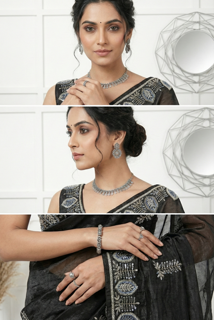Neerus Black organza thread embroidered saree - detail view 1