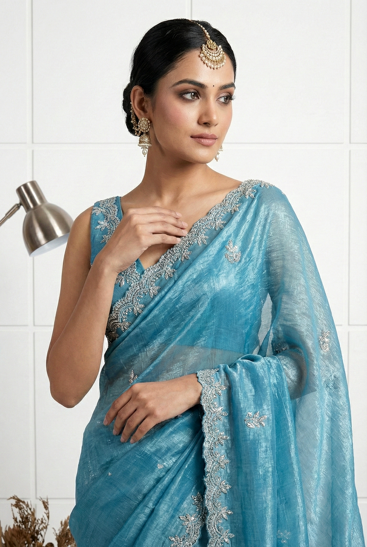Neerus Green organza embellished saree - back view