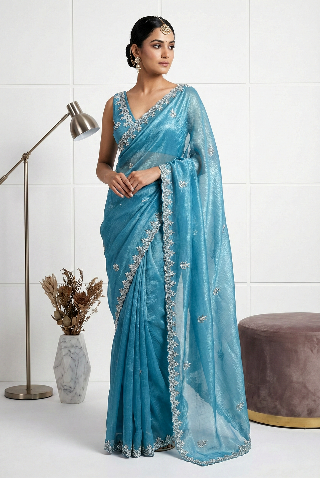 Neerus Green organza embellished saree - front view