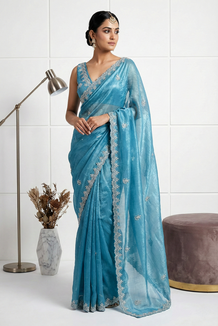 Neerus Green organza embellished saree - front view