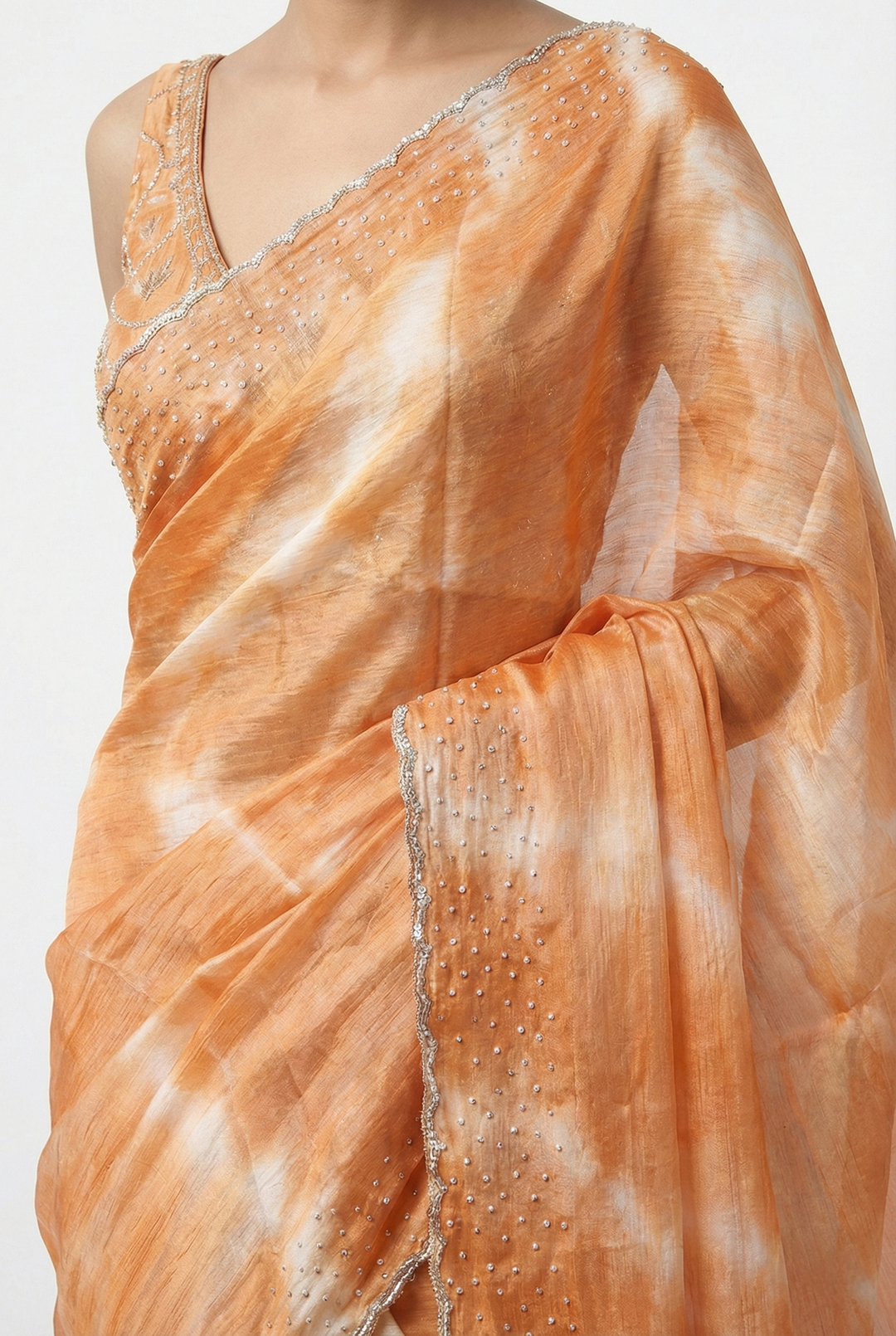 Neerus Orange organza embellished saree - side view