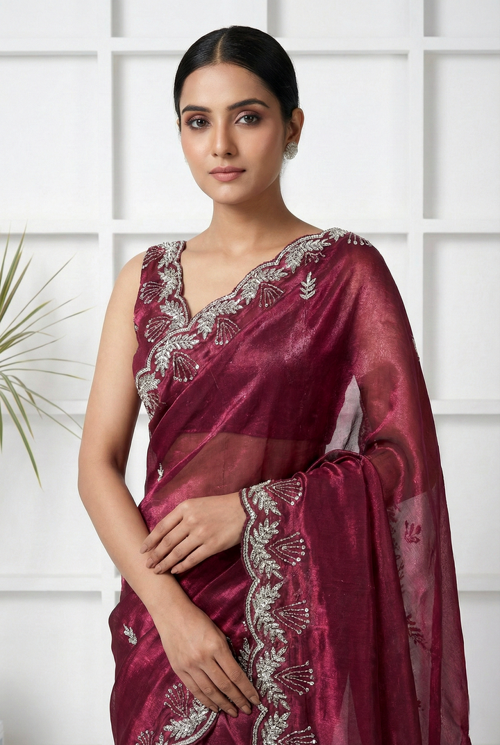 Neerus Pink organza hand embroidered saree - back view