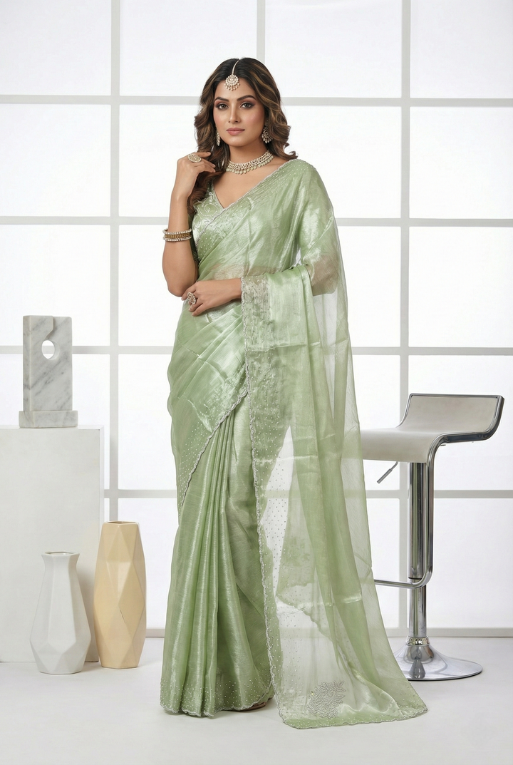 Neerus Green organza embellished saree - front view