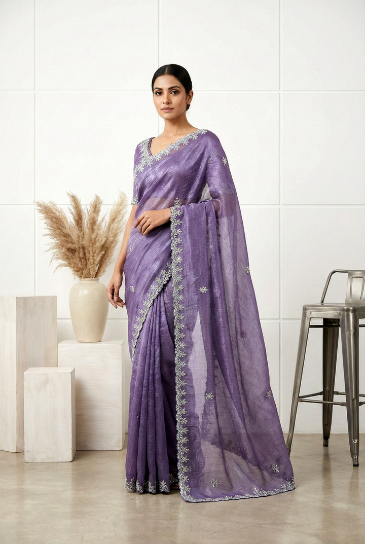 Neerus Purple organza hand embroidered saree - front view