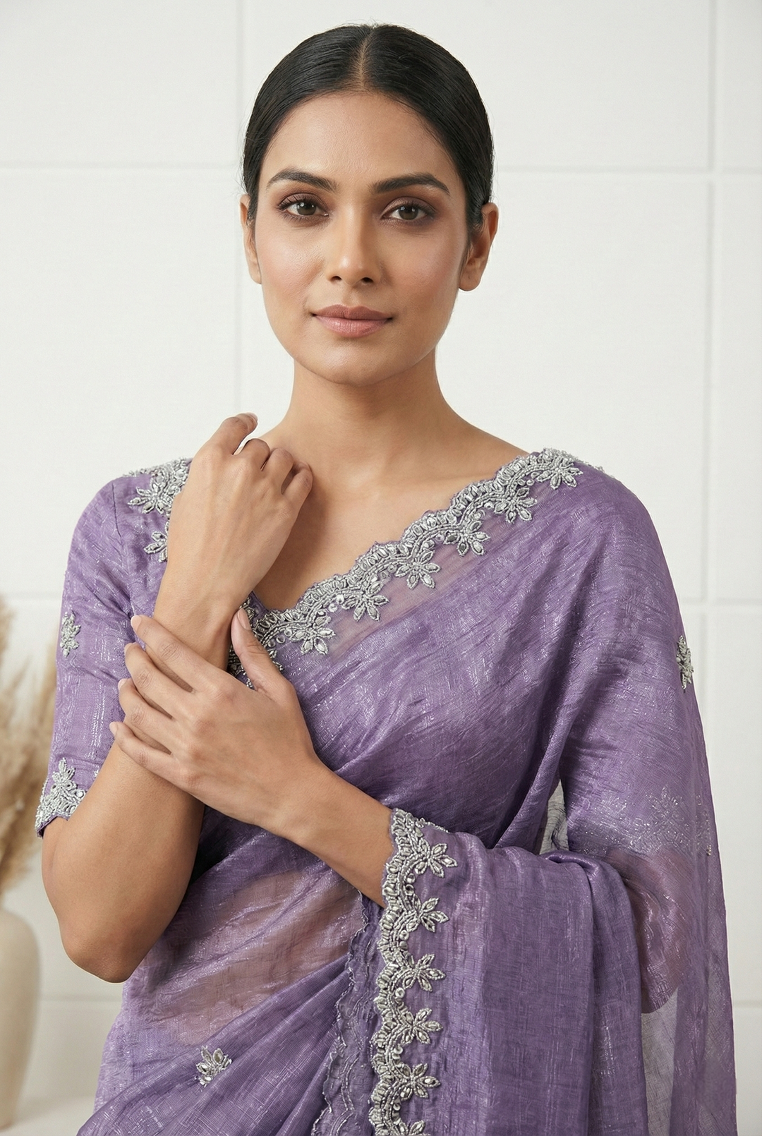 Neerus Purple organza hand embroidered saree - back view