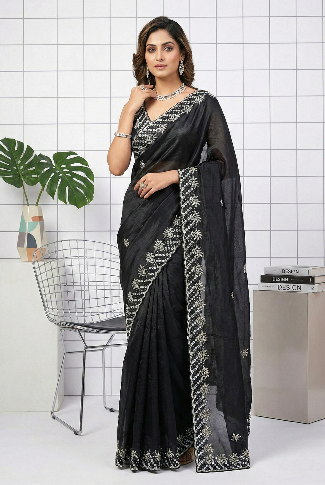 Neerus Black organza hand embroidered saree - front view