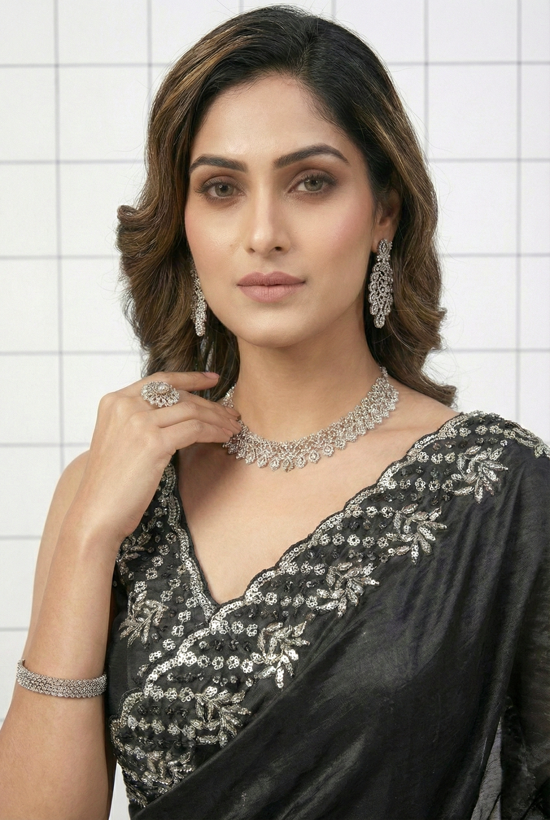 Neerus Black organza hand embroidered saree - side view