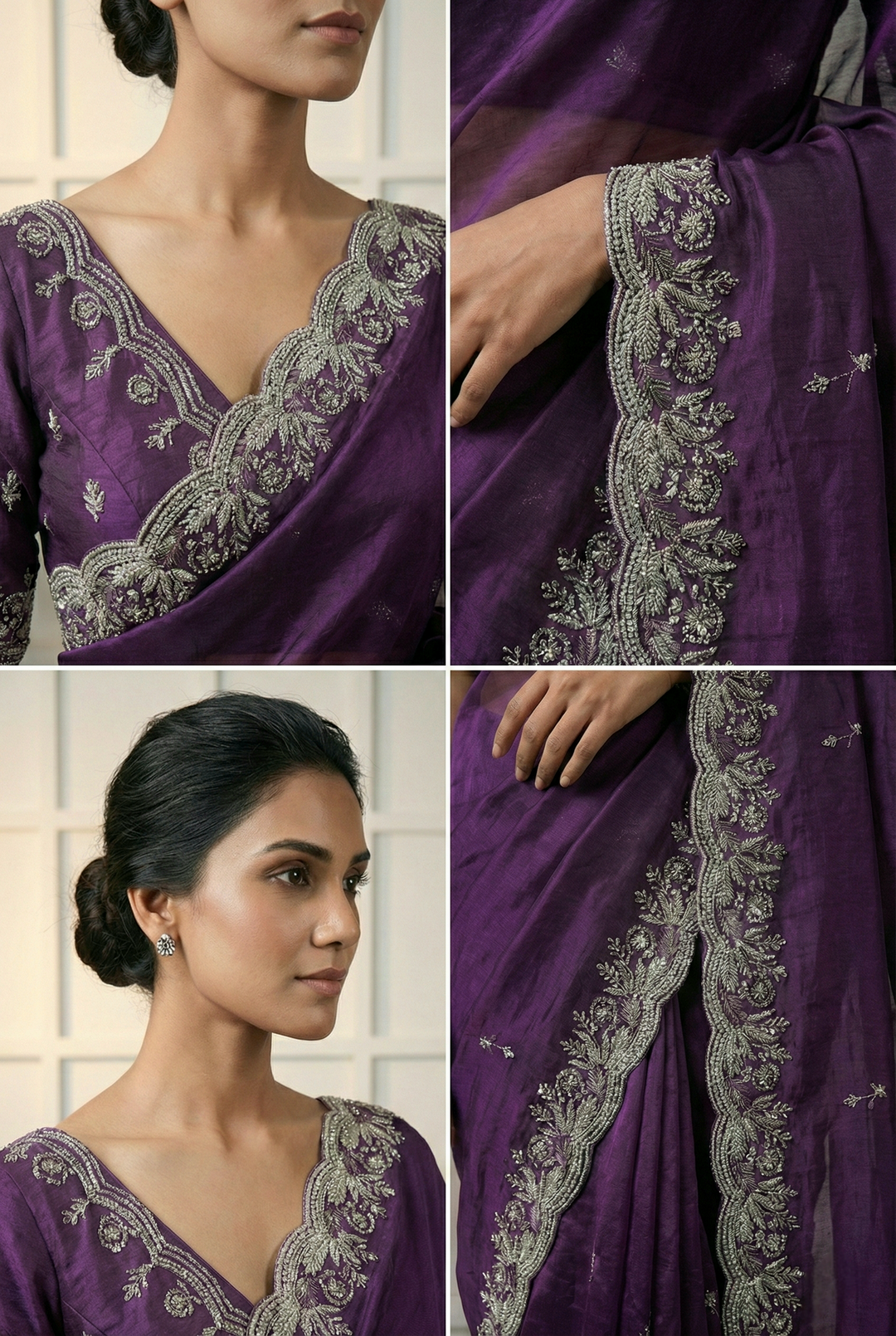 Neerus Purple organza hand embroidered saree - back view