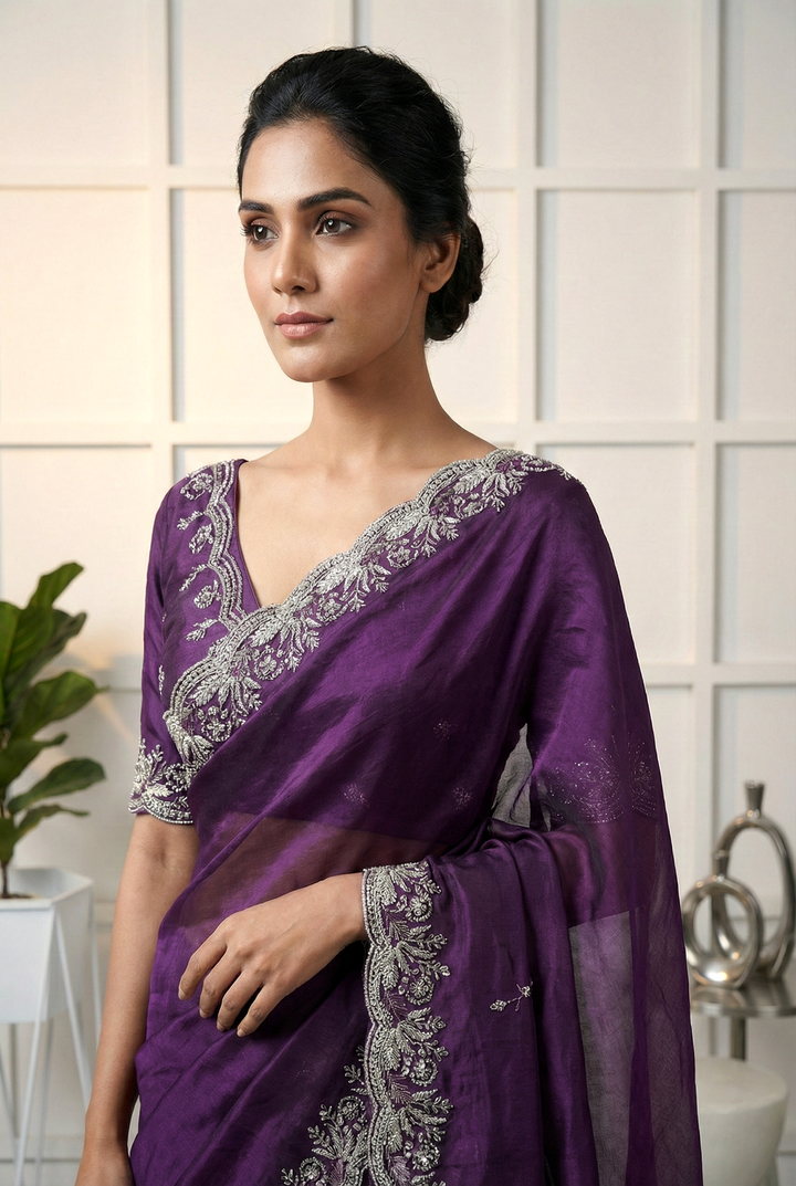 Neerus Purple organza hand embroidered saree - side view