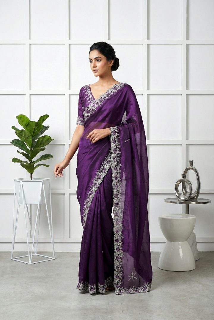 Neerus Purple organza hand embroidered saree - front view