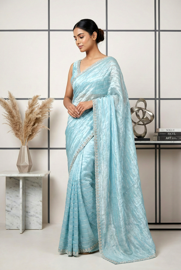 Neerus Blue organza embellished saree - front view