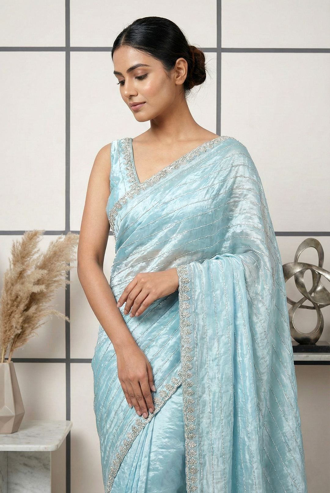 Neerus Blue organza embellished saree - back view
