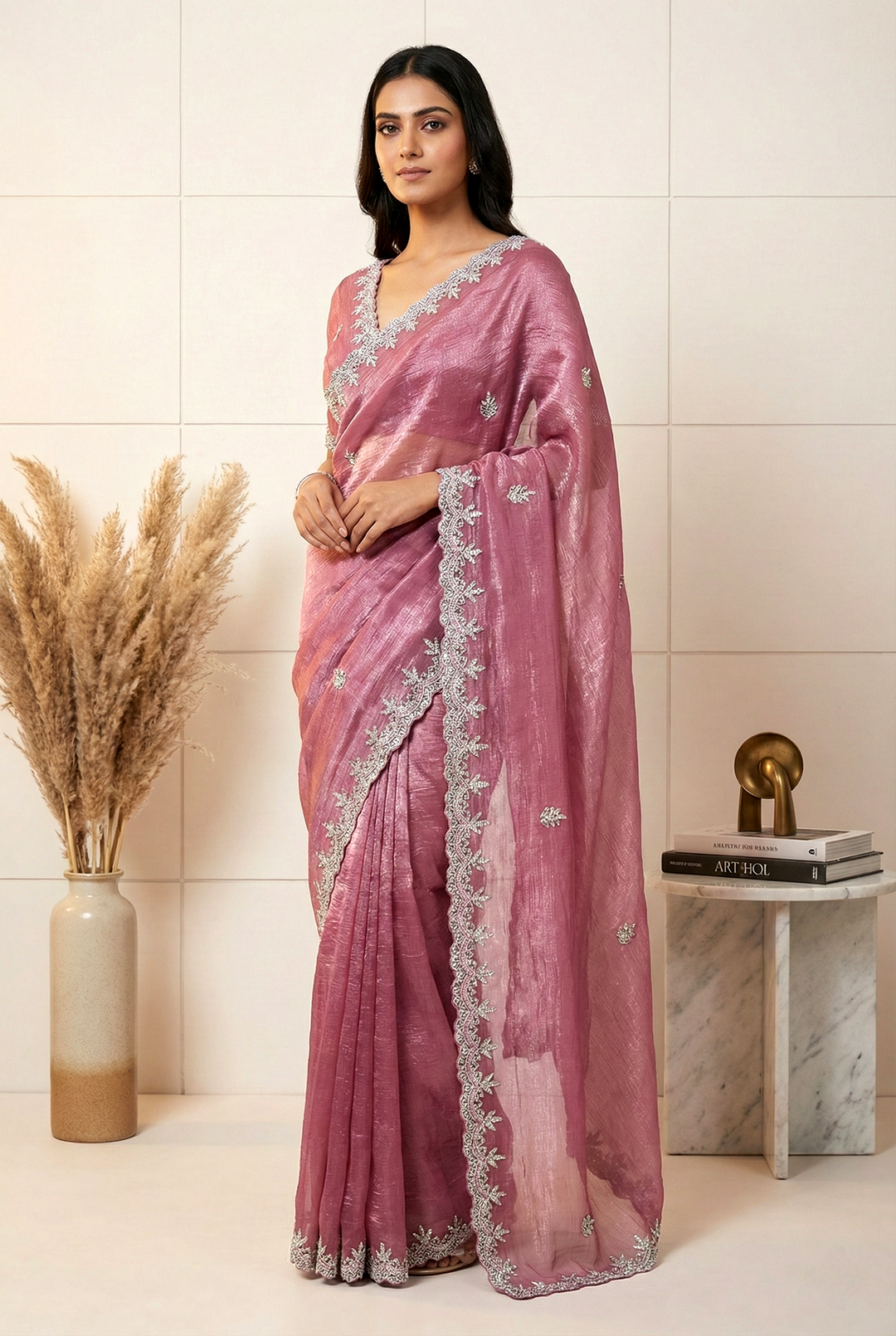 Neerus Purple organza hand embroidered saree - front view
