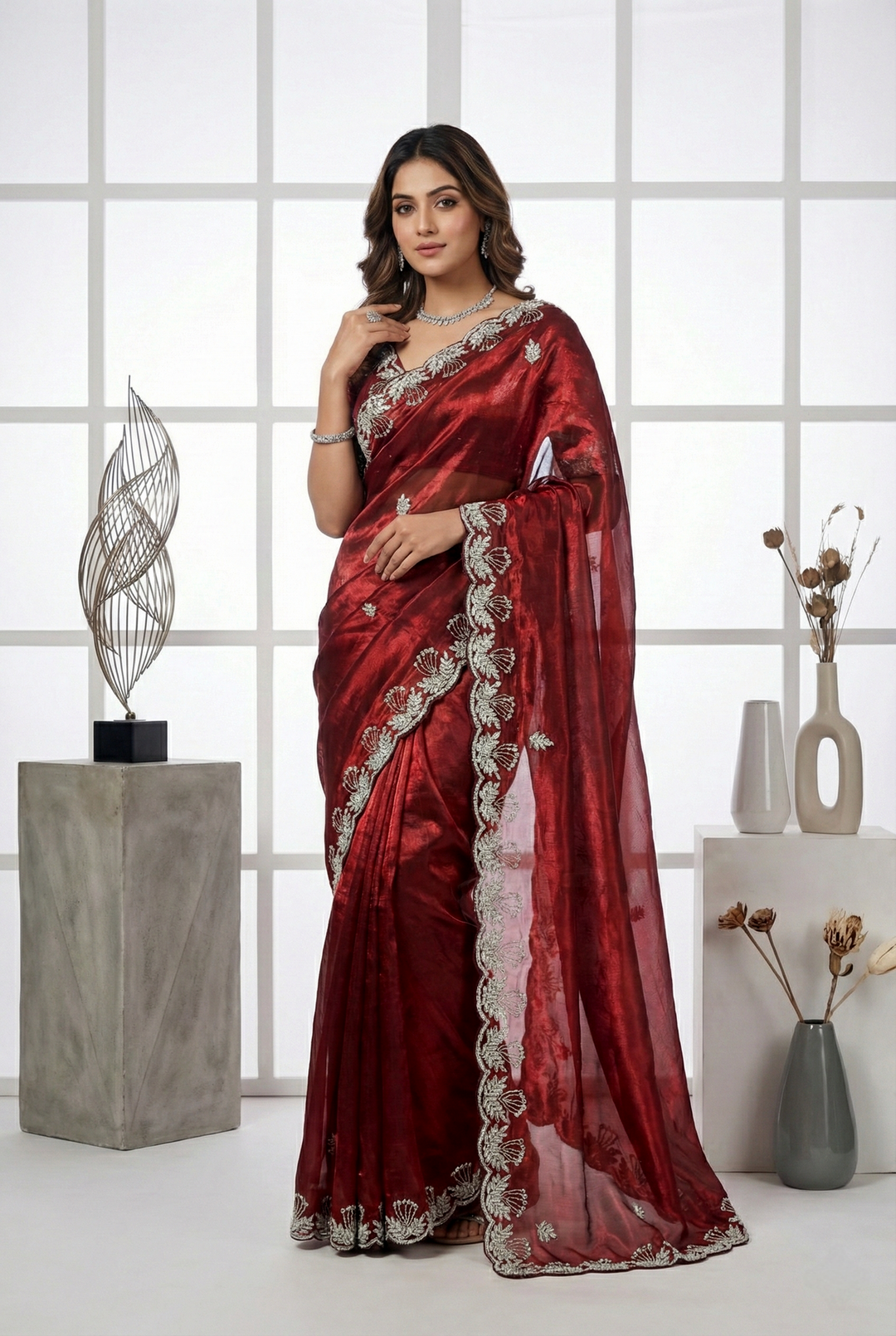 Neerus Maroon organza hand embroidered saree - front view