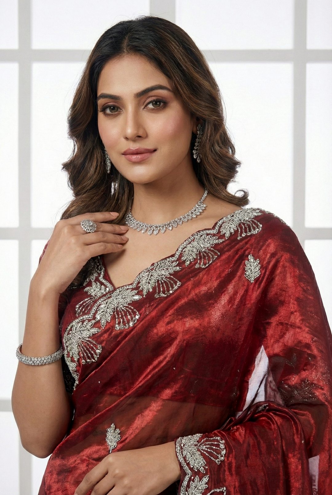 Neerus Maroon organza hand embroidered saree - back view