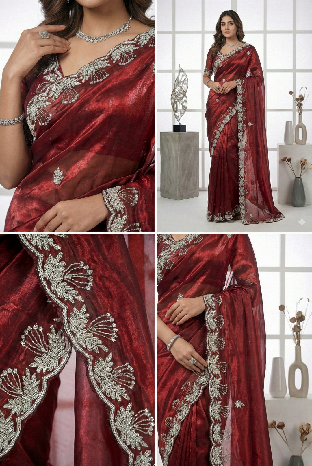 Neerus Maroon organza hand embroidered saree - side view