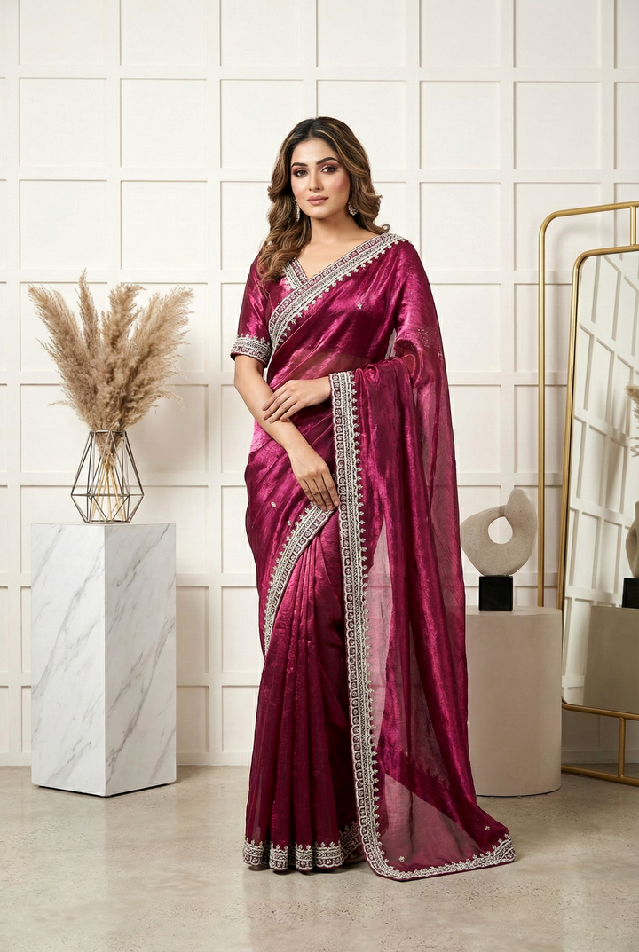 Neerus Pink organza embellished saree - front view