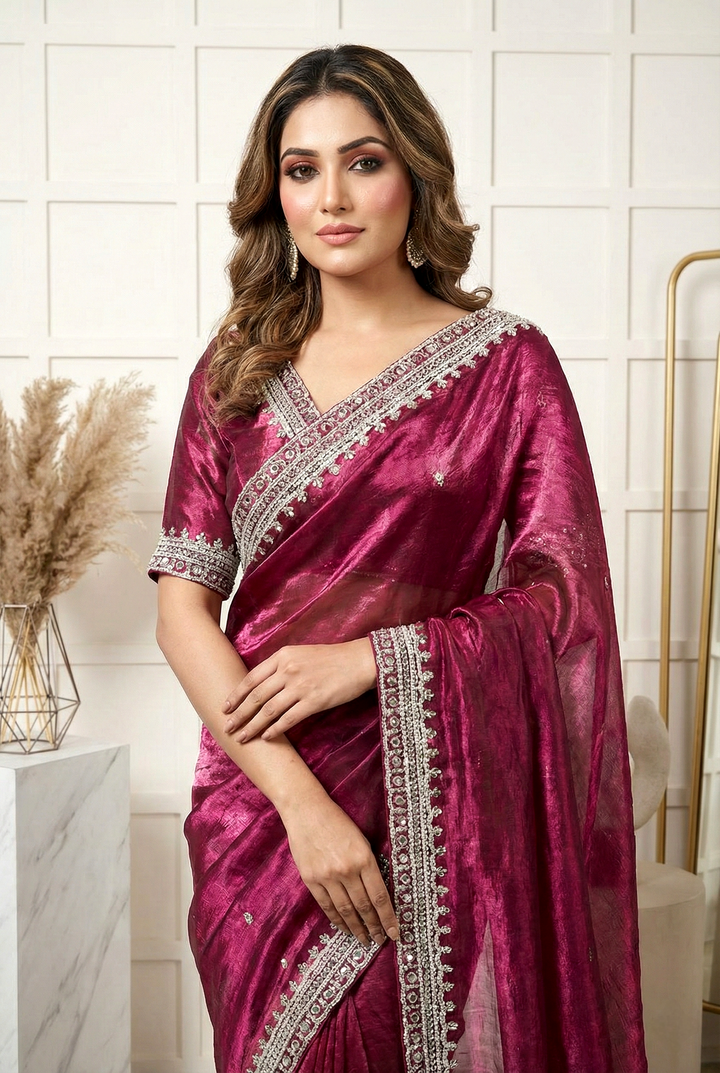 Neerus Pink organza embellished saree - back view