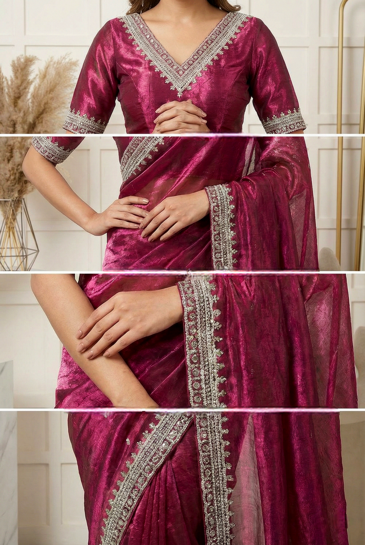 Neerus Pink organza embellished saree - side view