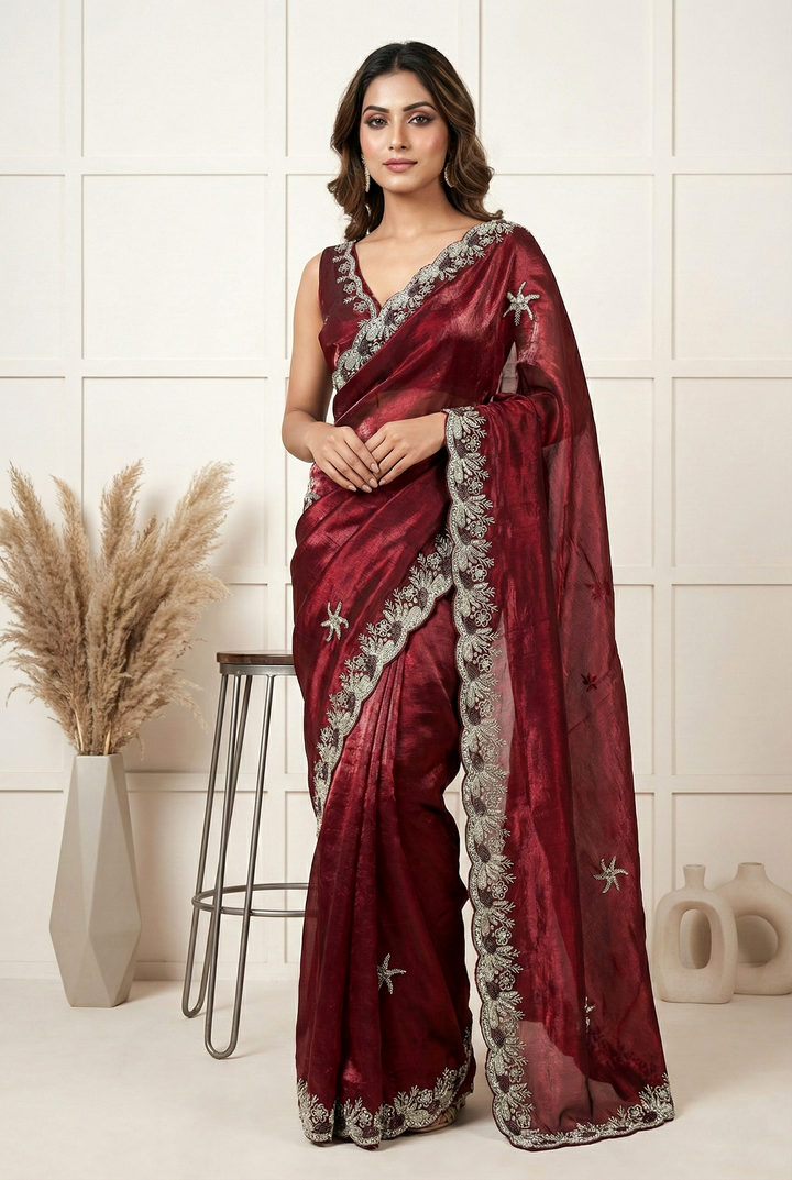 Neerus Maroon organza hand embroidered saree - front view
