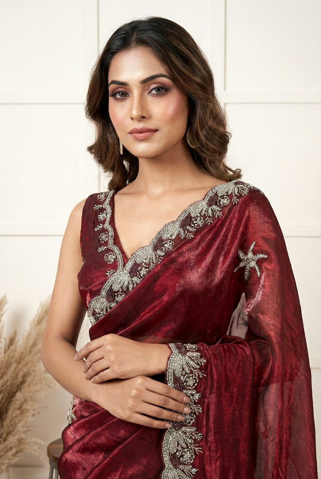 Neerus Maroon organza hand embroidered saree - back view