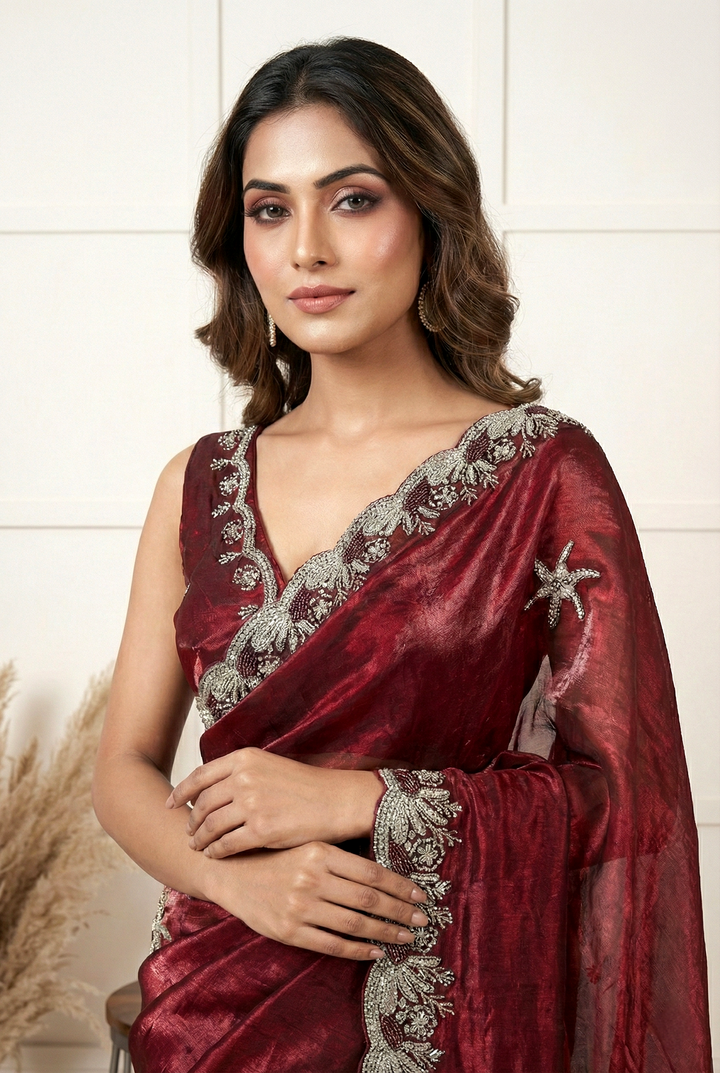 Neerus Maroon organza hand embroidered saree - back view