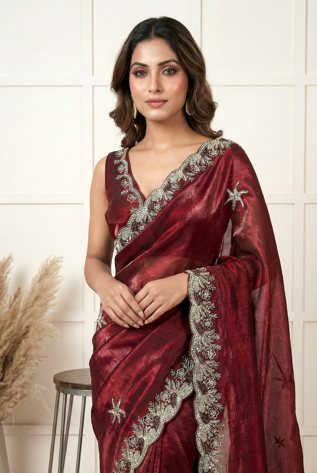 Neerus Maroon organza hand embroidered saree - side view