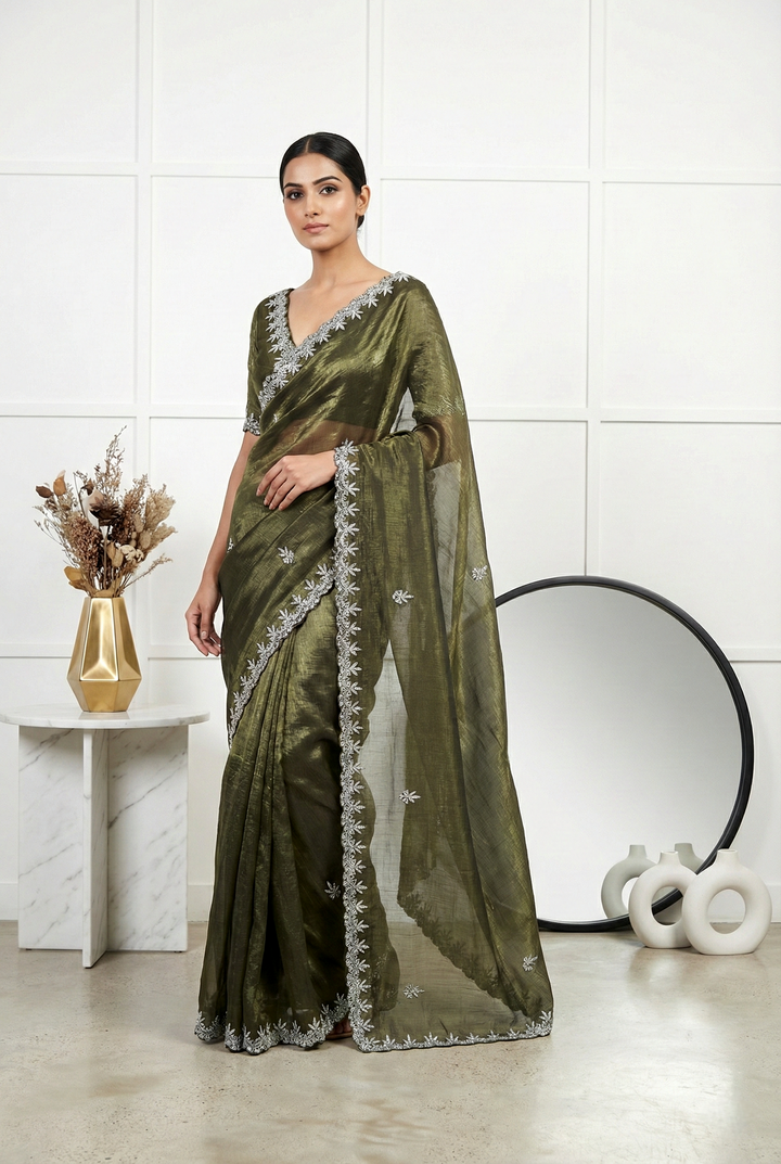 Neerus Green organza hand embroidered saree - front view