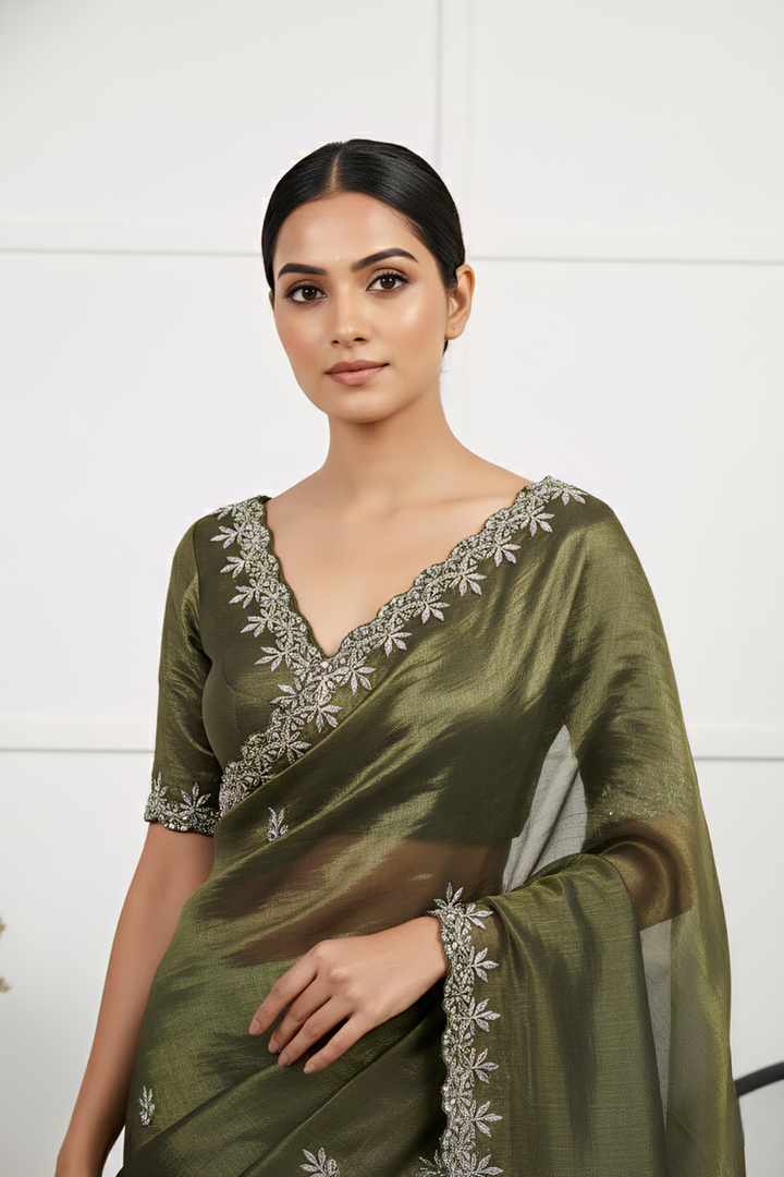 Neerus Green organza hand embroidered saree - side view