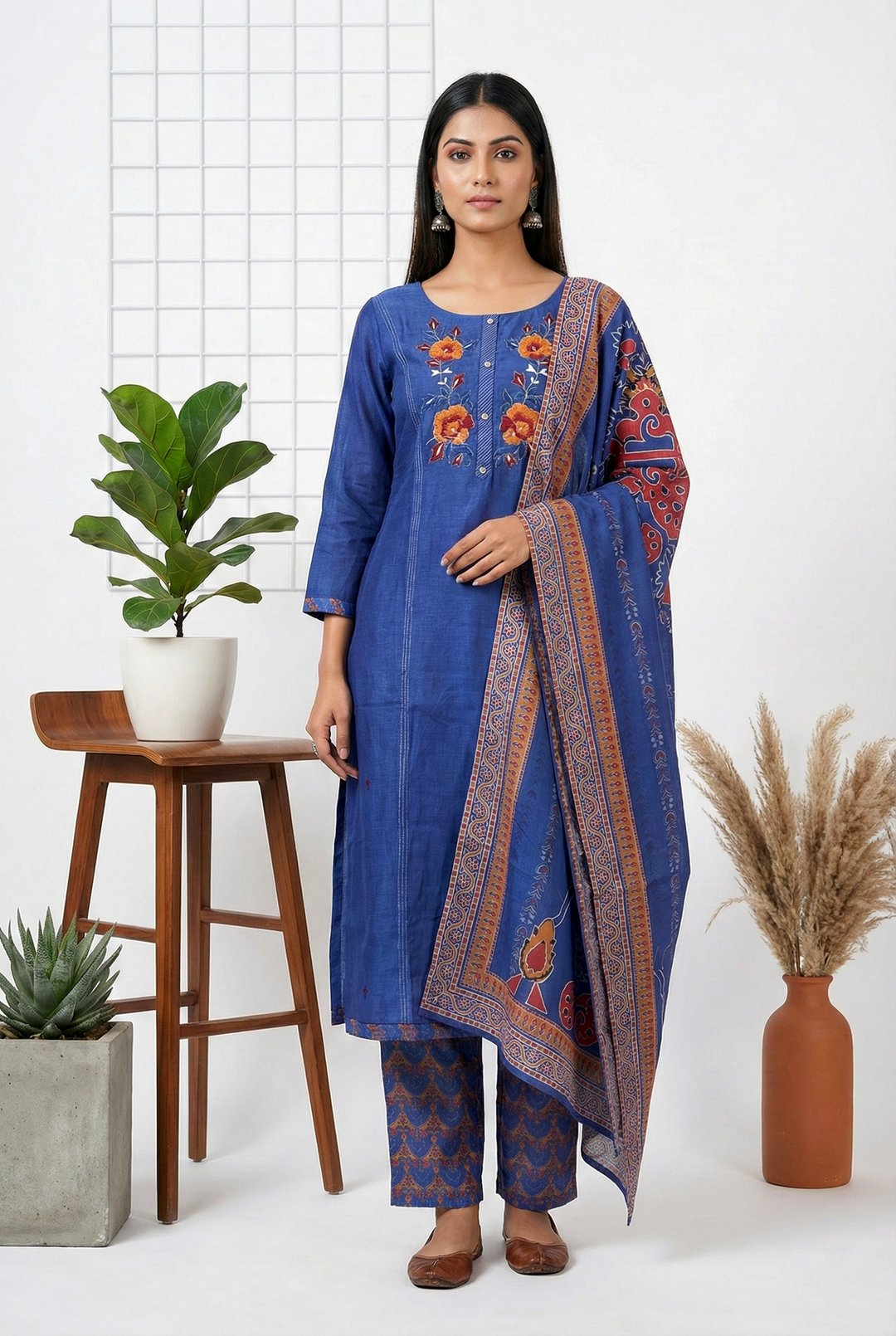 Neerus Blue Silk Thread Embroidered Suit Set - front view