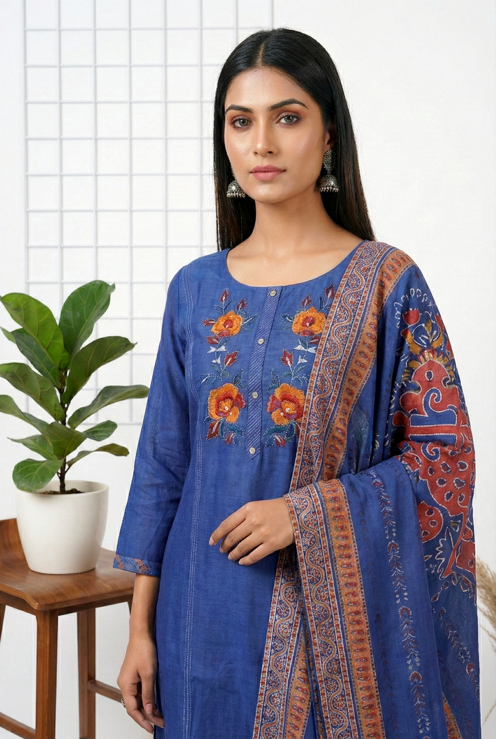 Neerus Blue Silk Thread Embroidered Suit Set - back view