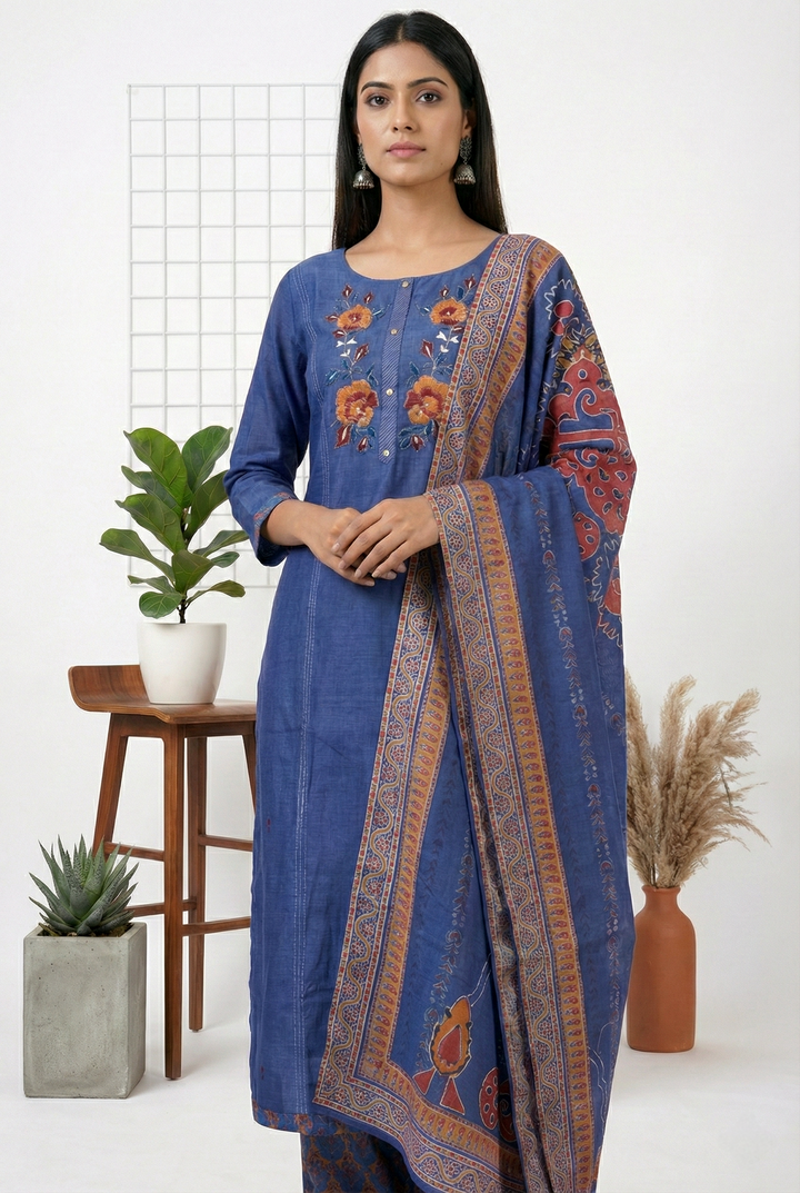 Neerus Blue Silk Thread Embroidered Suit Set - side view
