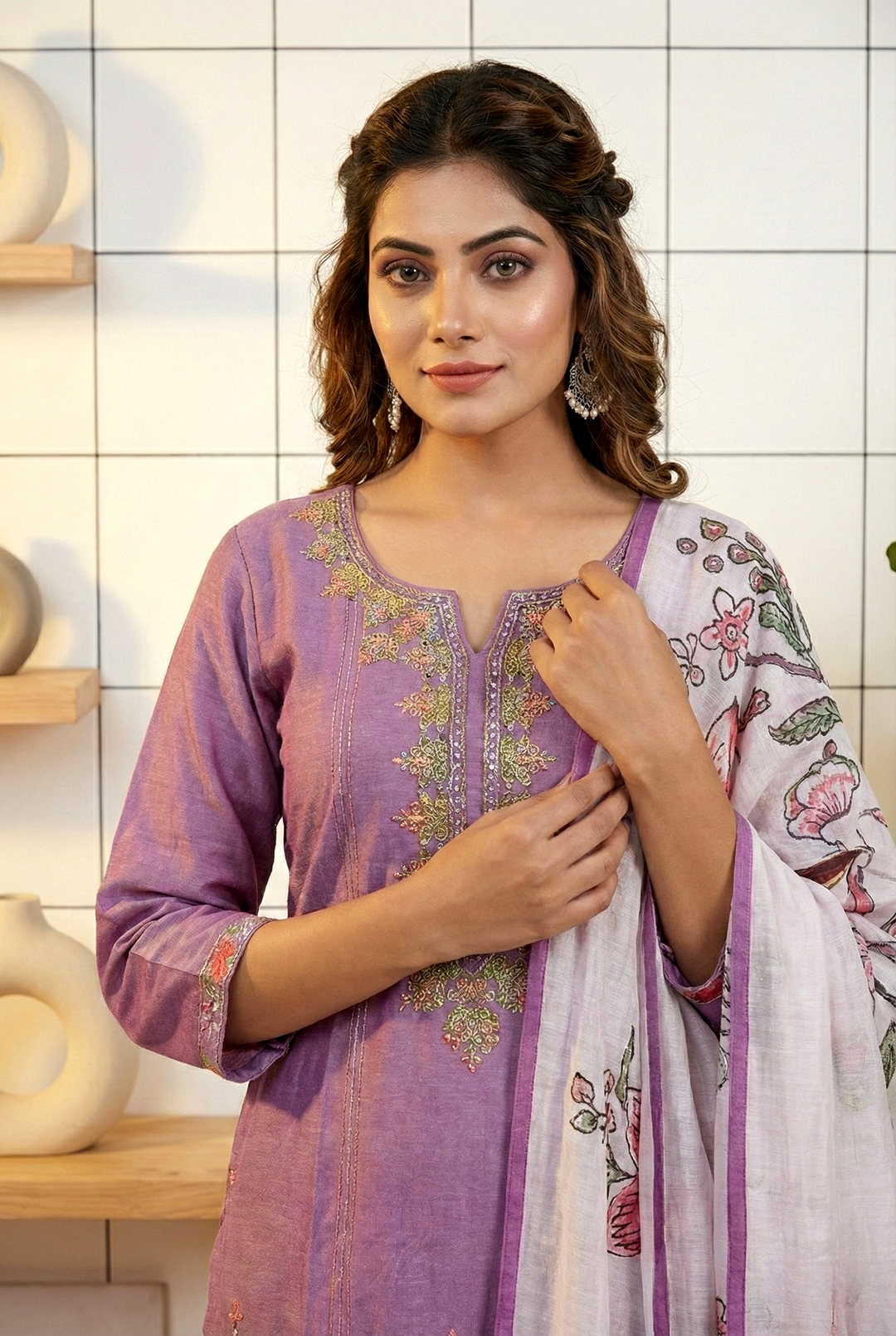 Neerus Purple silk hand embroidered suit set - back view