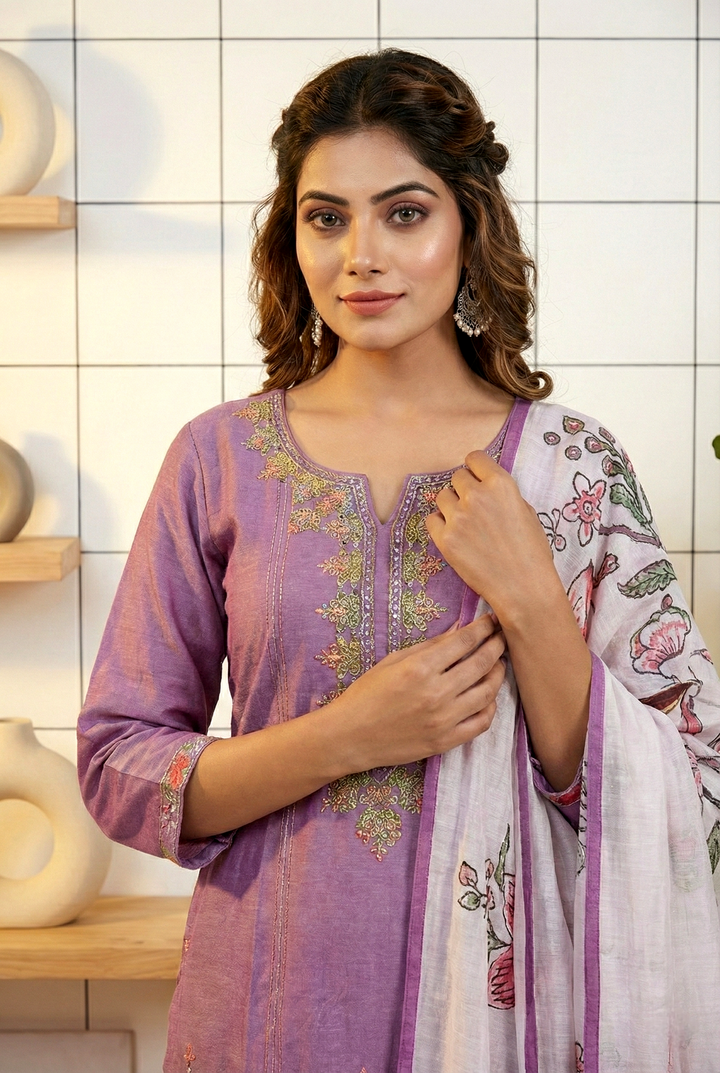 Neerus Purple silk hand embroidered suit set - back view