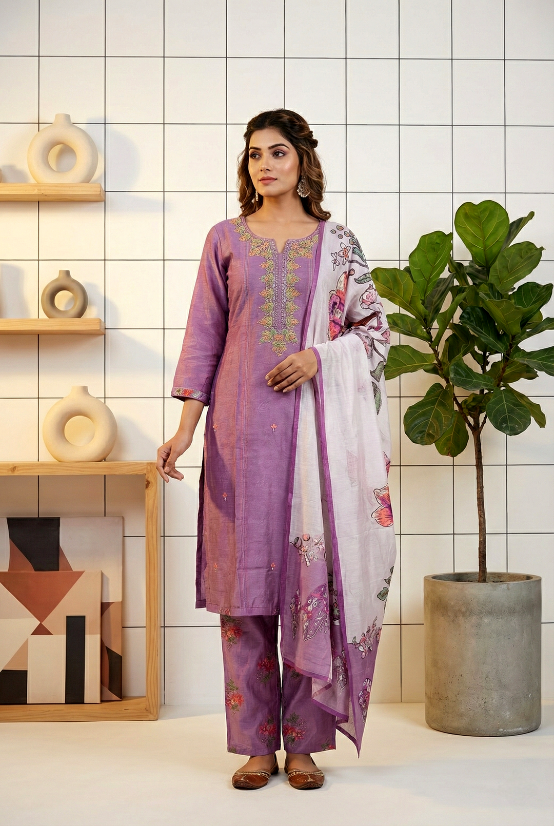 Neerus Purple silk hand embroidered suit set - front view