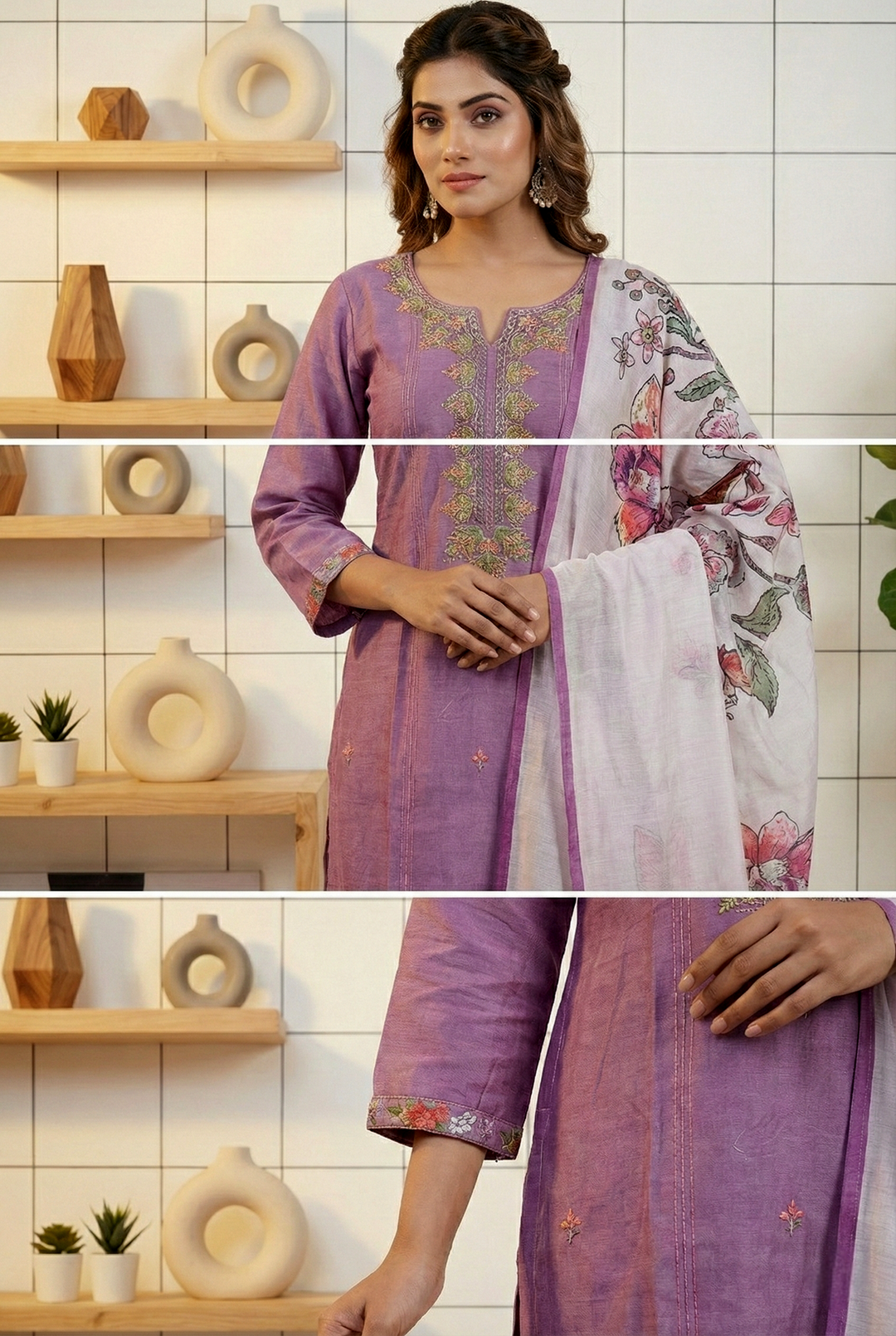Neerus Purple silk hand embroidered suit set - side view