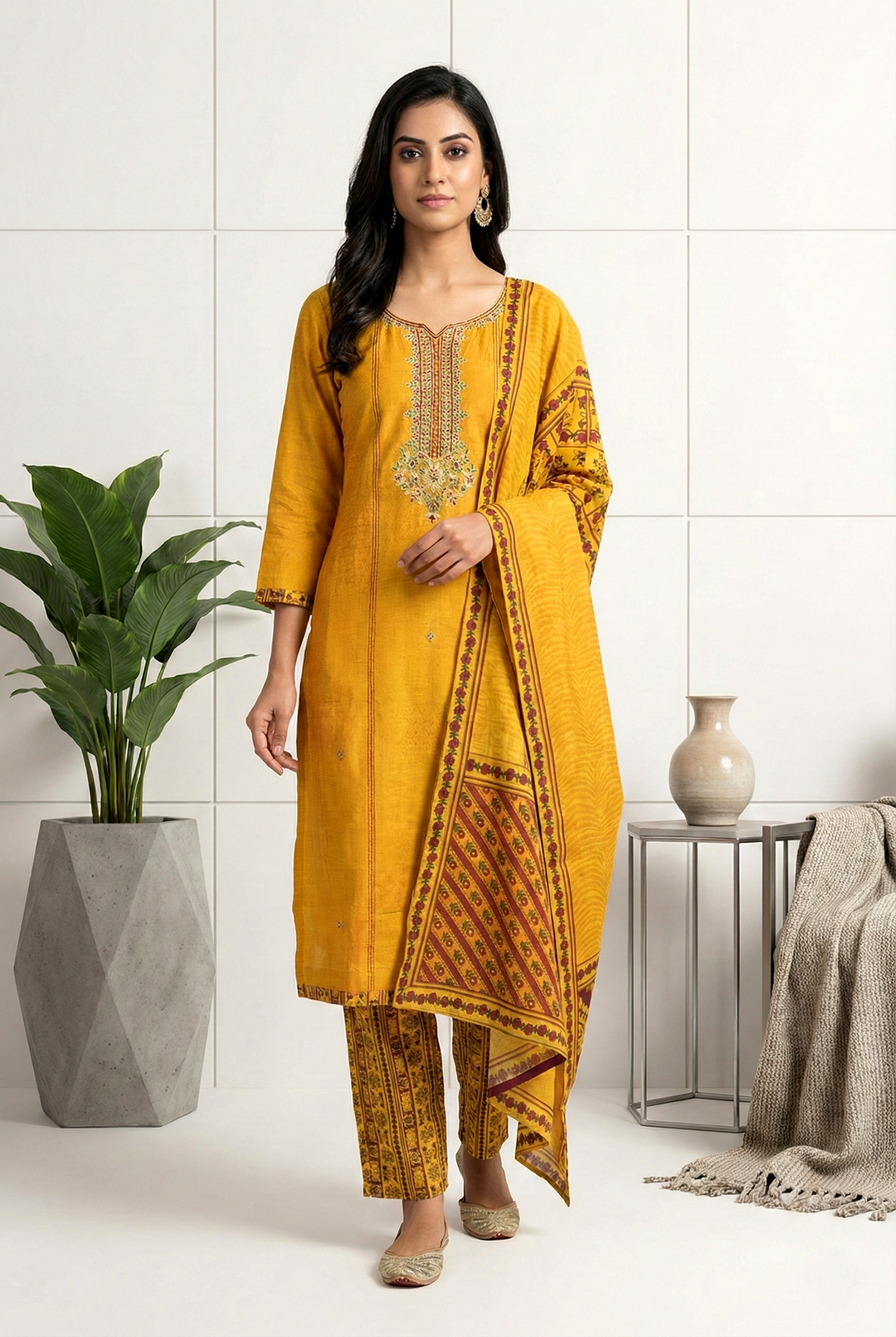 Neerus Yellow silk printed suit set - front view