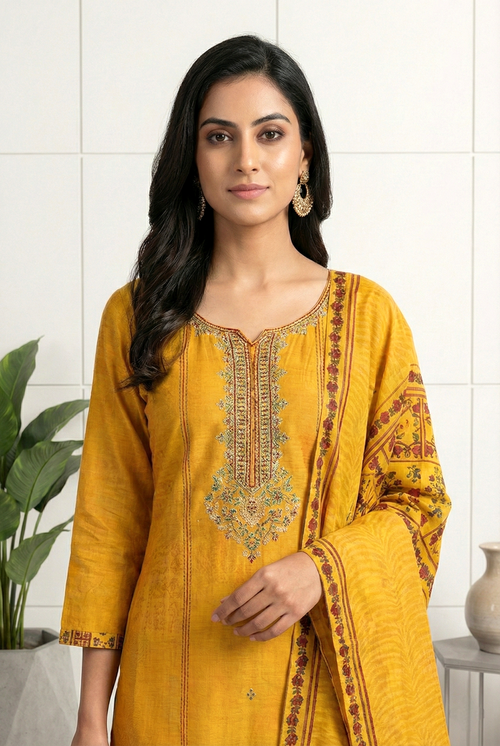 Neerus Yellow silk printed suit set - back view