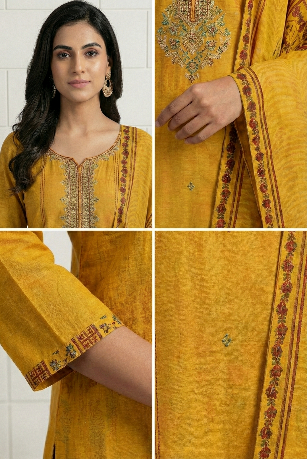 Neerus Yellow silk printed suit set - side view