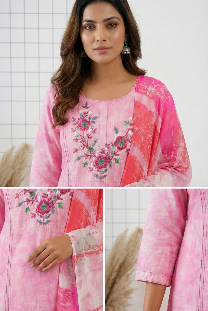 Neerus Pink silk hand embroidered suit set - side view