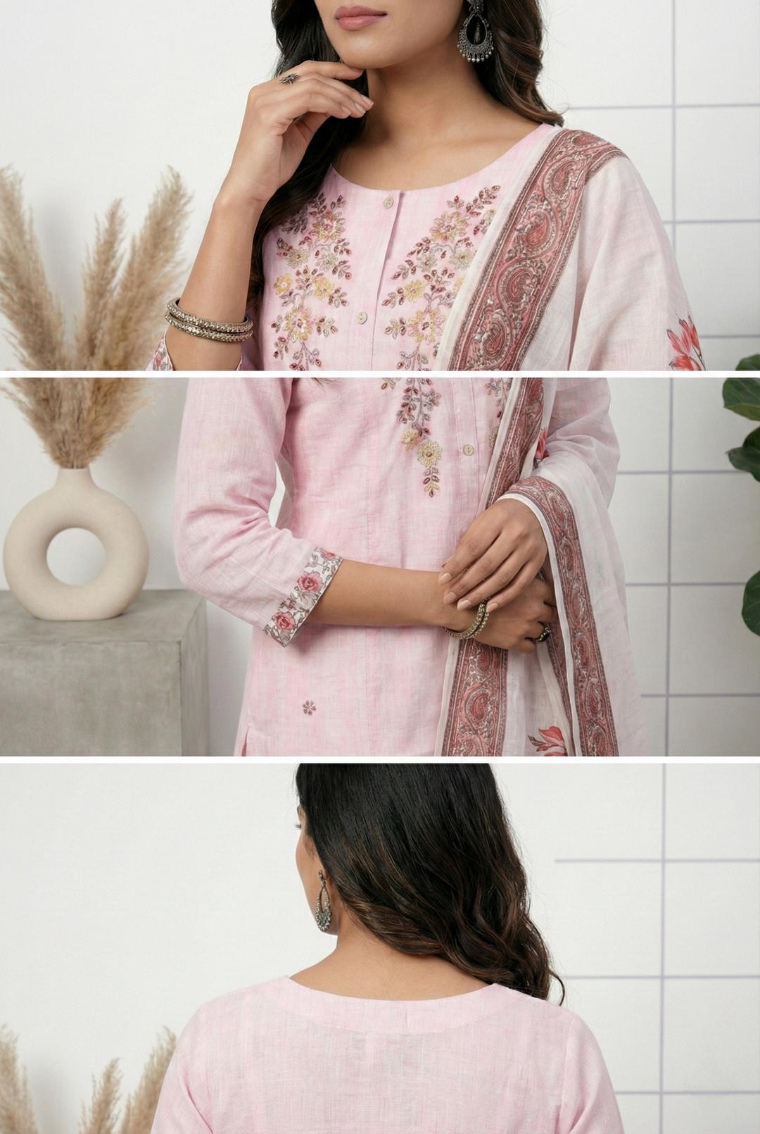 Neerus Pink silk hand embroidered suit set - side view