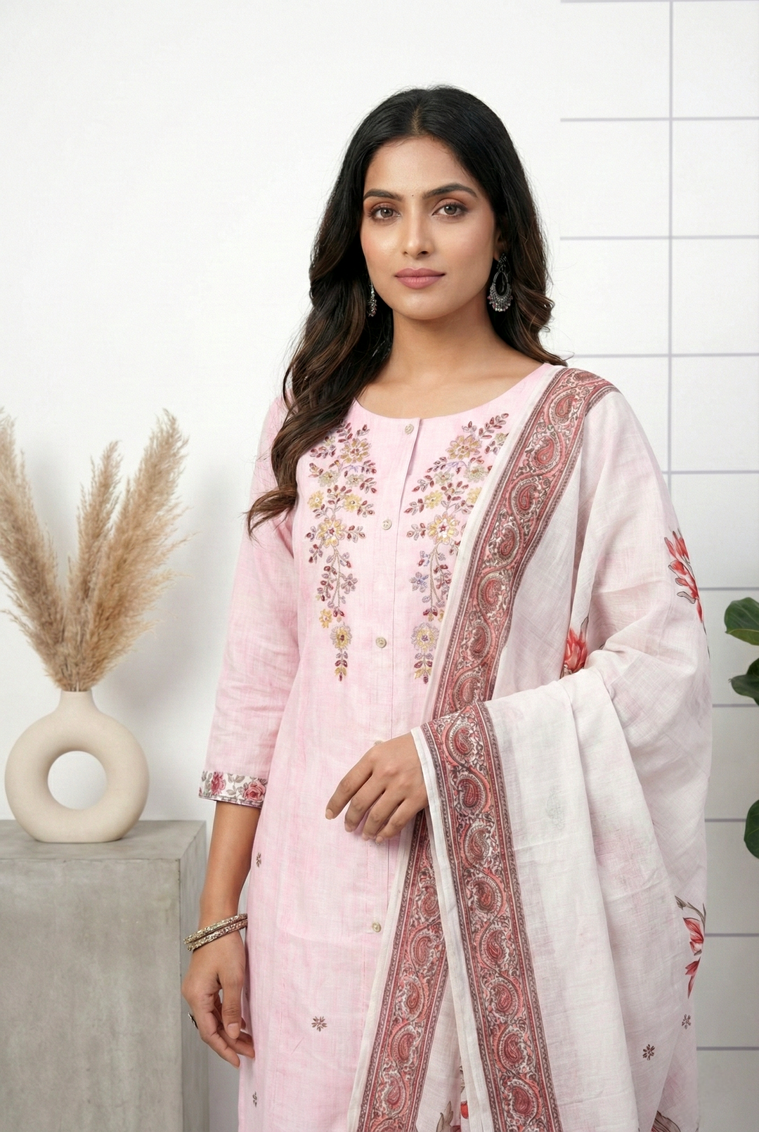 Neerus Pink silk hand embroidered suit set - back view