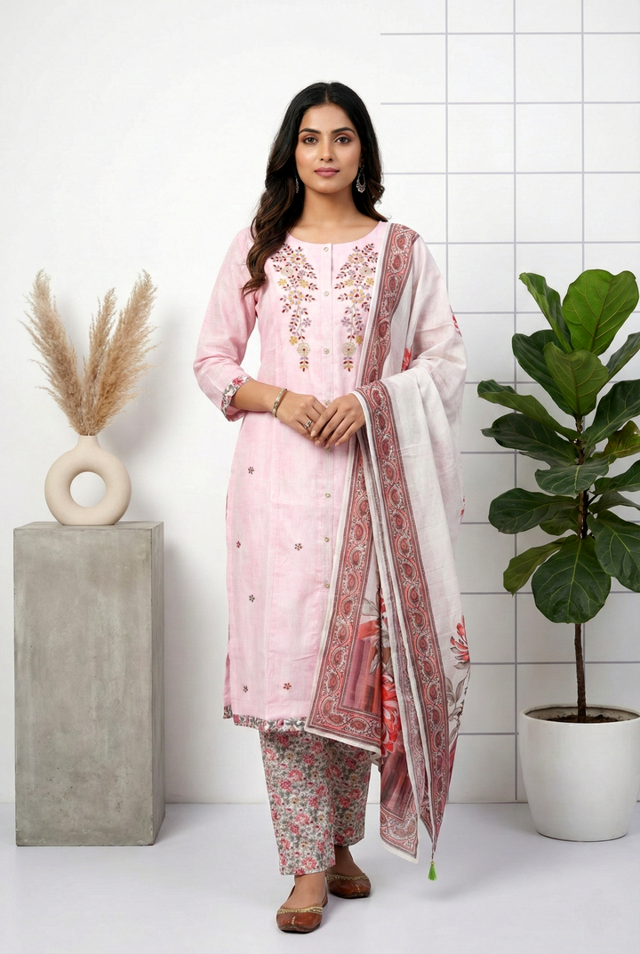 Neerus Pink silk hand embroidered suit set - front view