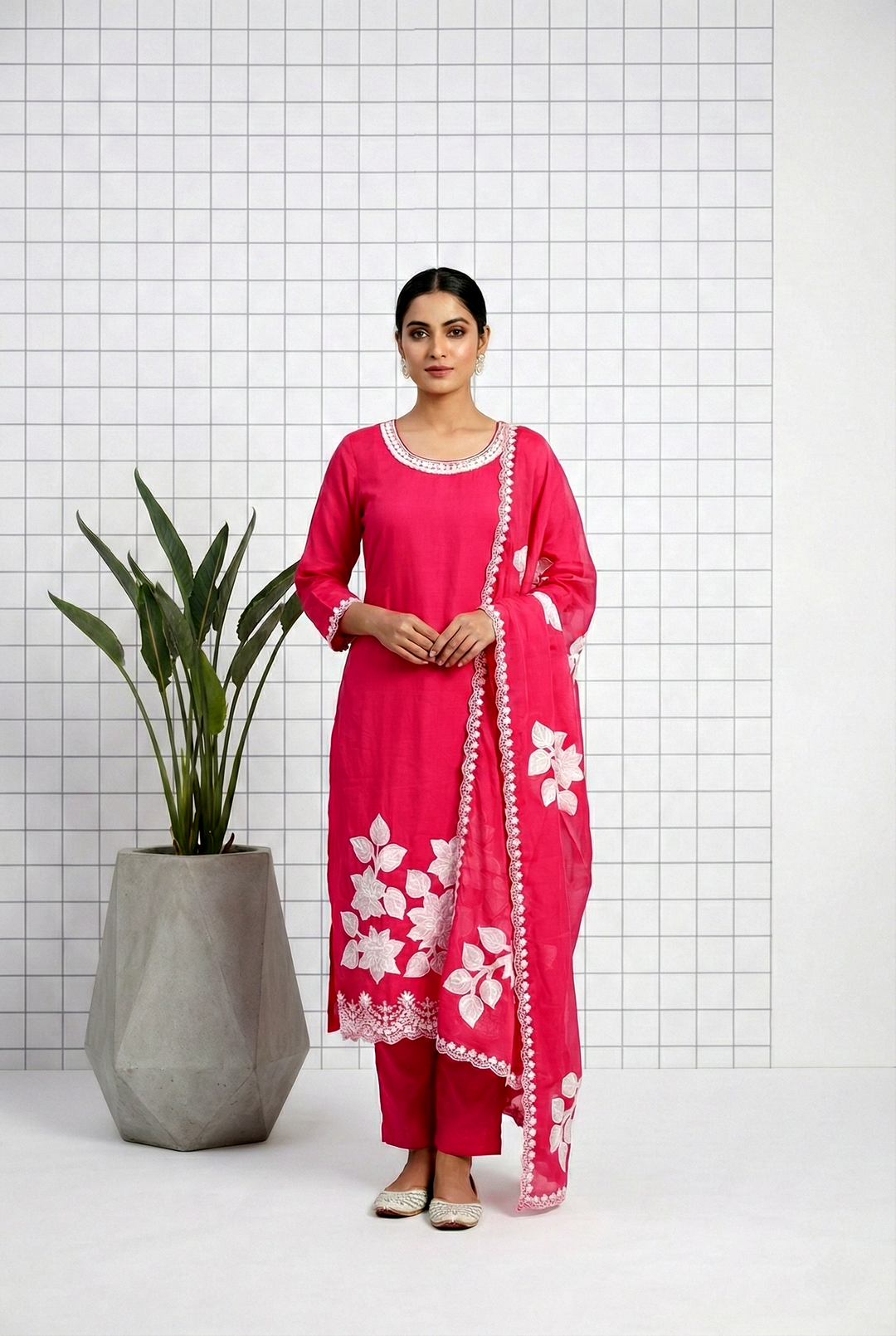 Neerus Pink Organza Printed Suit Set - front view
