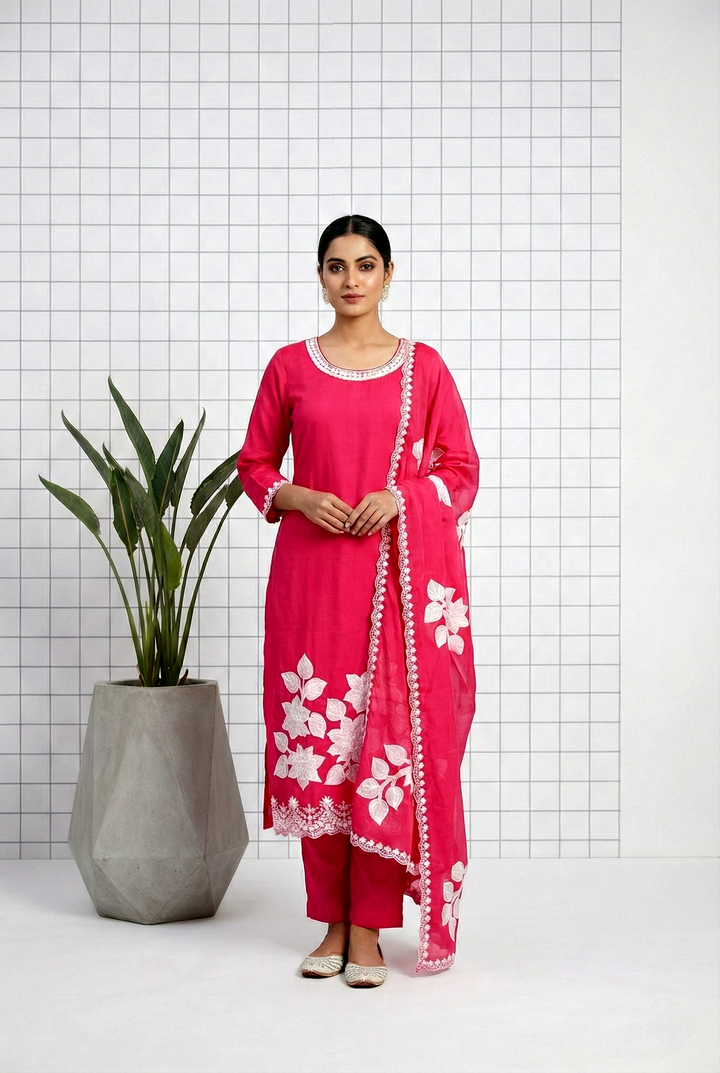 Neerus Pink Organza Printed Suit Set - front view