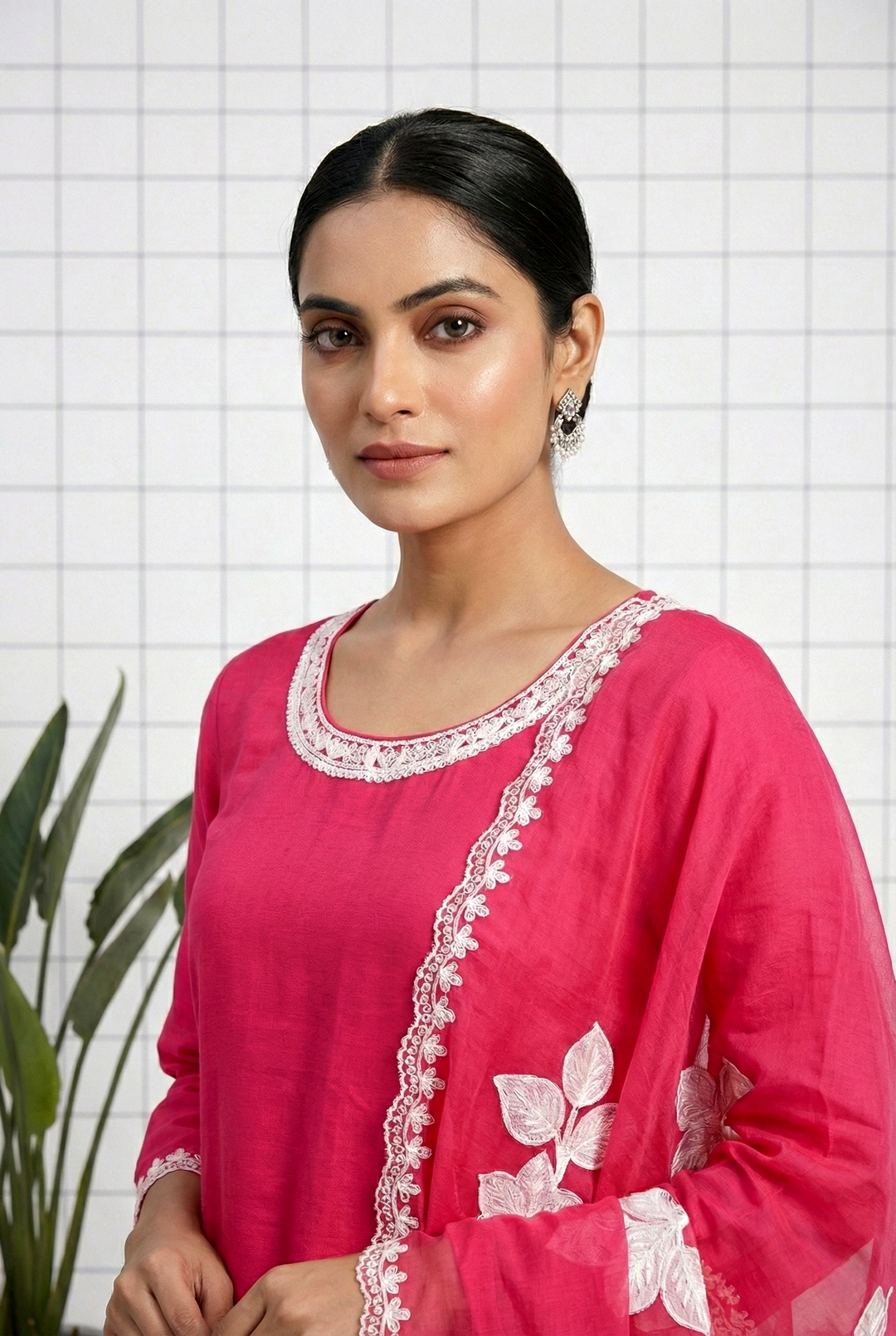 Neerus Pink Organza Printed Suit Set - back view