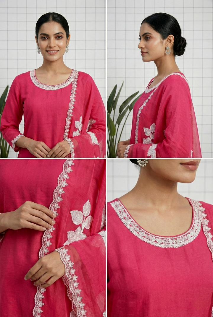 Neerus Pink Organza Printed Suit Set - side view