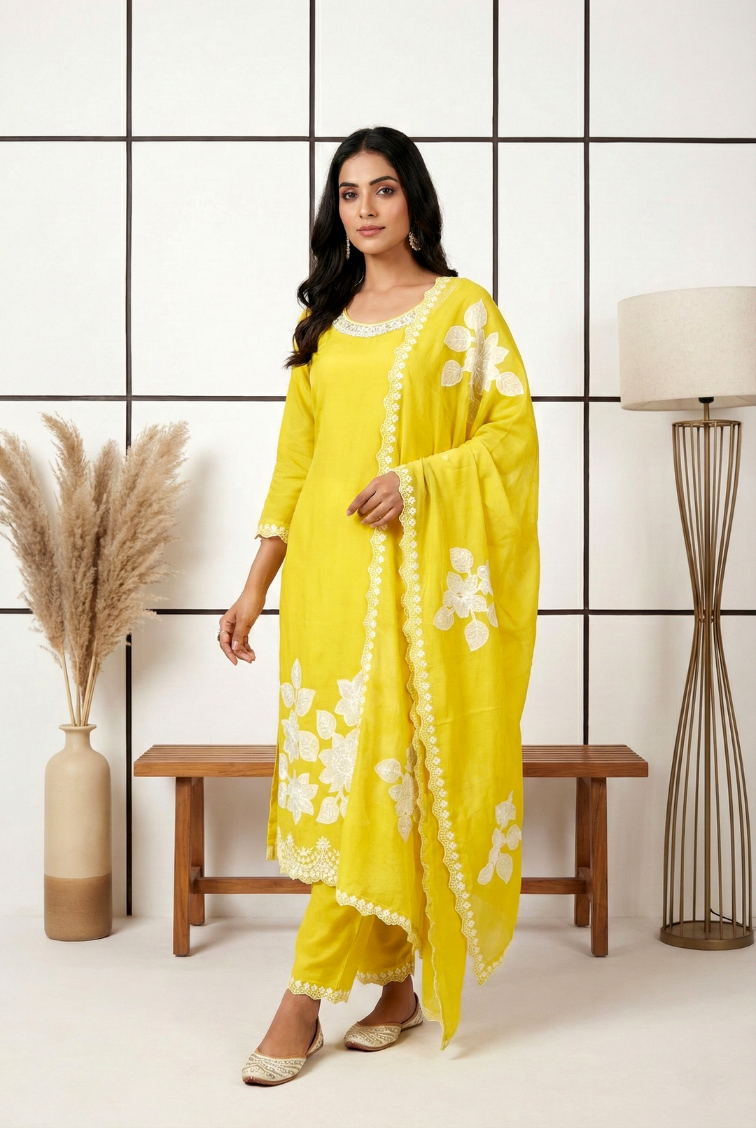 Neerus Green organza printed suit set - front view